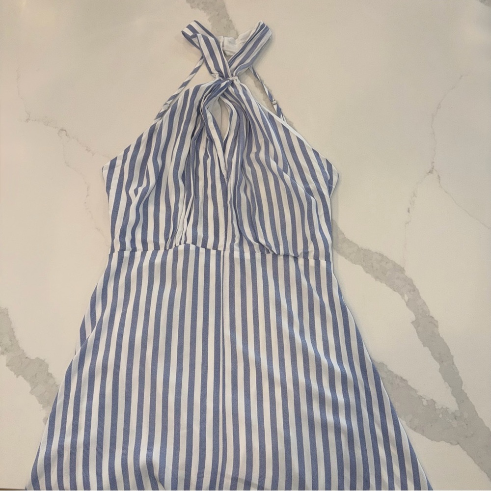 Bishop + Young Blue White Striped Halter High-Low Dress Medium